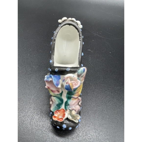 Ceramic High Heel Shoe Figurine Black & White Polka Dots & Flowers Japan Vintage - Picture 2 of 11